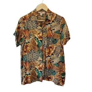 VTG 80's STUNT 100% Silk Button-Up Shirt PS Tan/Green Mixed Printed Roma Paris